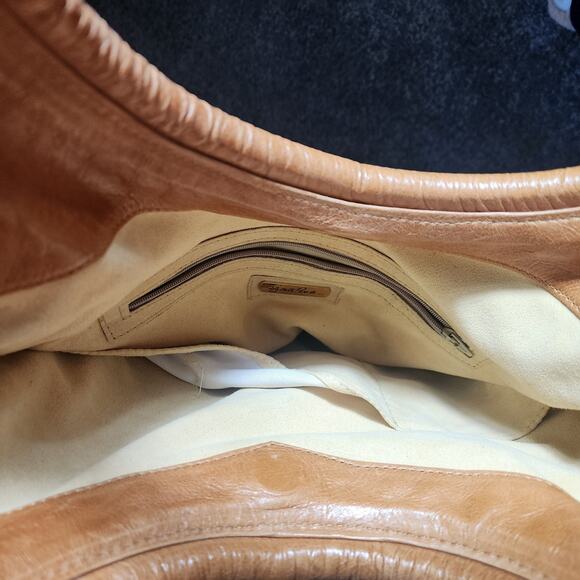 Rare HTF Zina Eva Pleated Camel Tan Leather Circle Shoulder Bag Purse EUC Boho - Picture 8 of 12